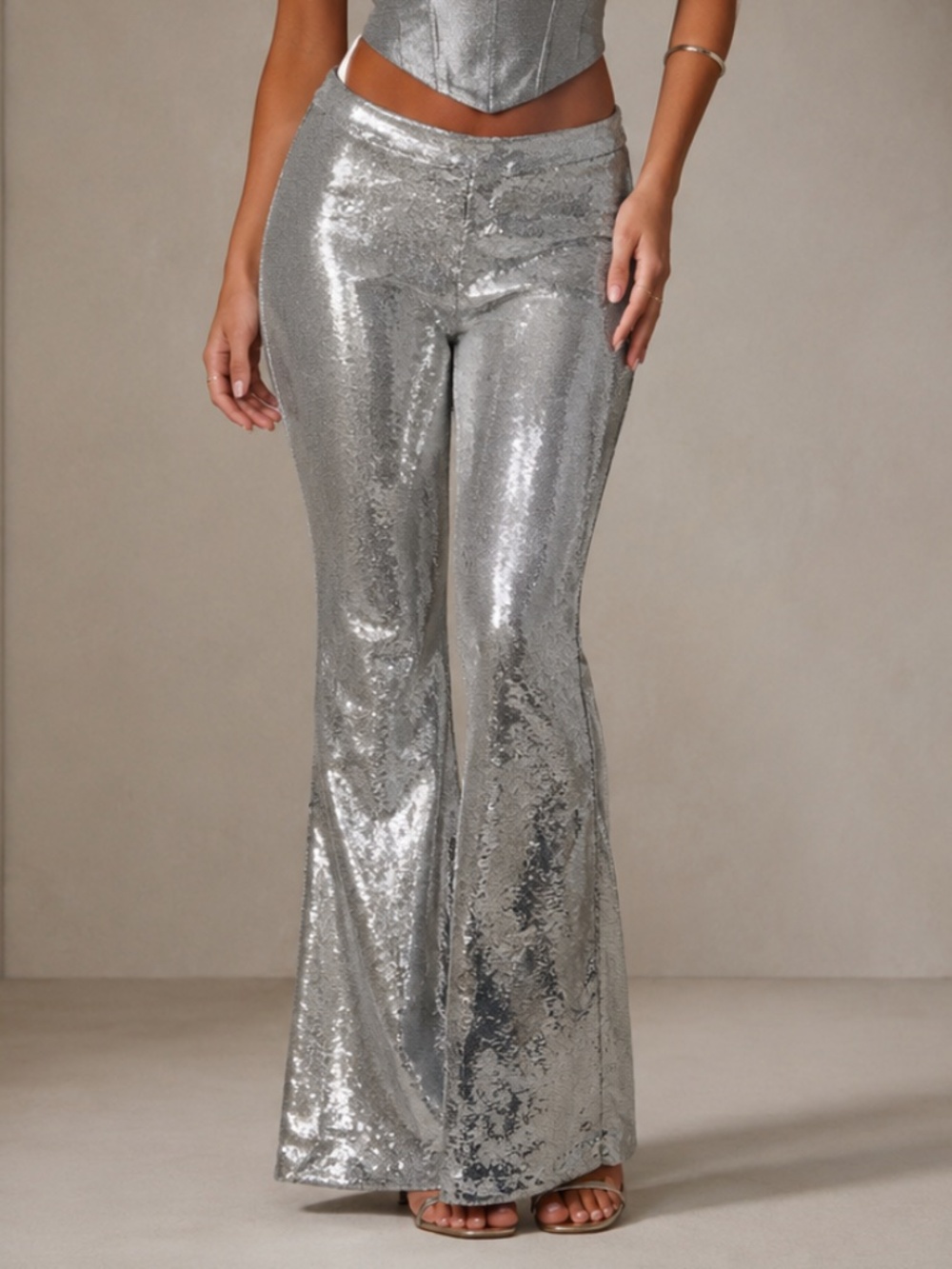 NWT MESHKI Joanna Sequin Flare Pants in Silver - size Small